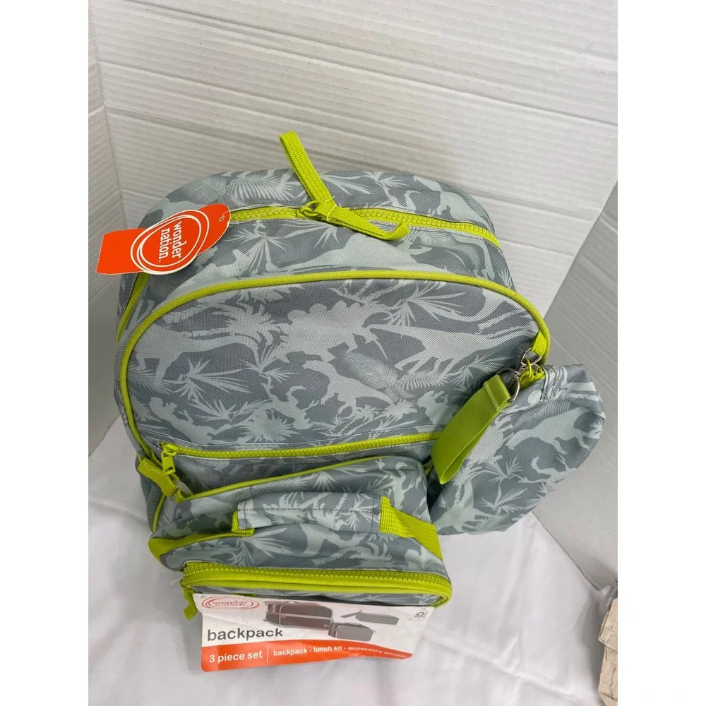 Wonder Nation Backpack Set Boys One Size Green Tropical Dino 3 Piece Adjustable